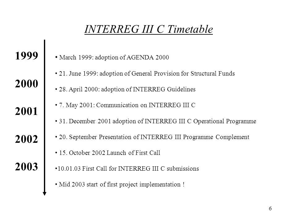 6 INTERREG III C Timetable March 1999: adoption of AGENDA