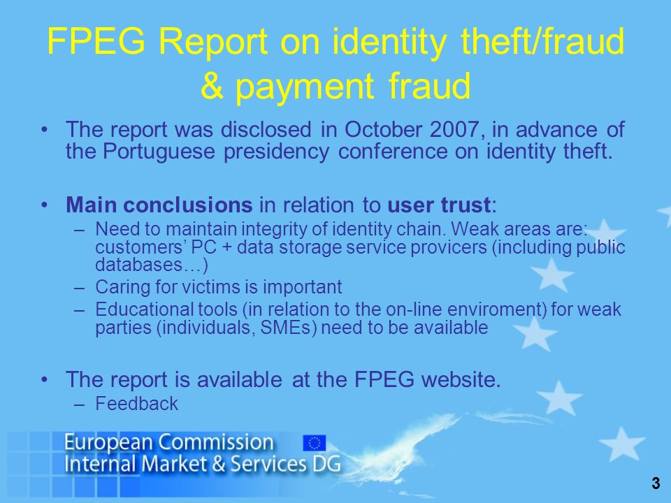 3 FPEG Report on identity theft/fraud & payment fraud The report was disclosed in October 2007, in advance of the Portuguese presidency conference on identity theft.