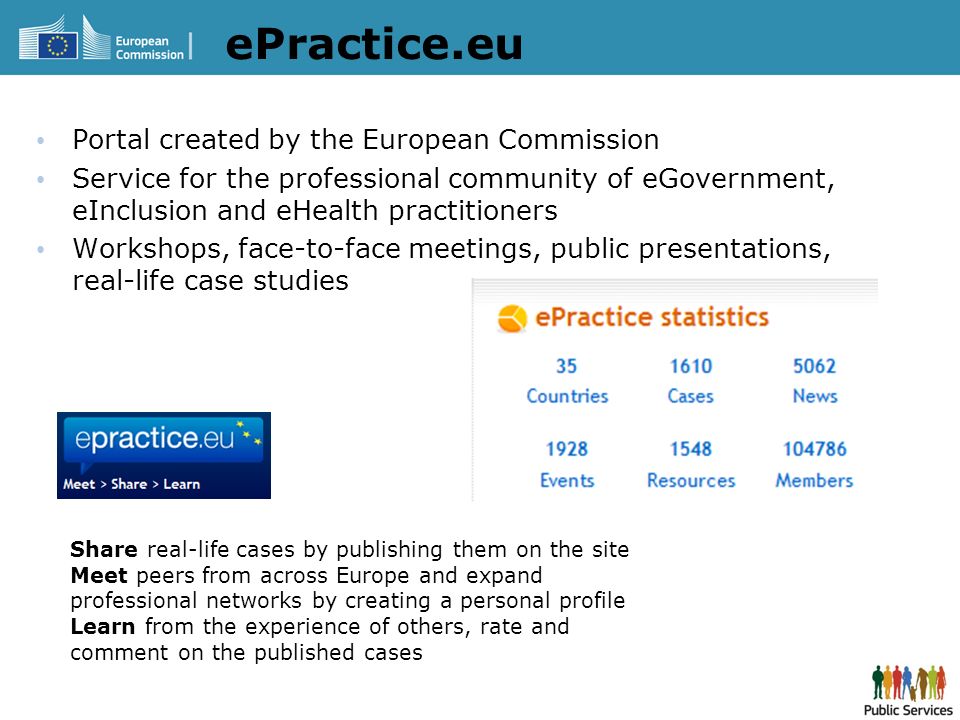 Portal created by the European Commission Service for the professional community of eGovernment, eInclusion and eHealth practitioners Workshops, face-to-face meetings, public presentations, real-life case studies ePractice.eu Share real-life cases by publishing them on the site Meet peers from across Europe and expand professional networks by creating a personal profile Learn from the experience of others, rate and comment on the published cases