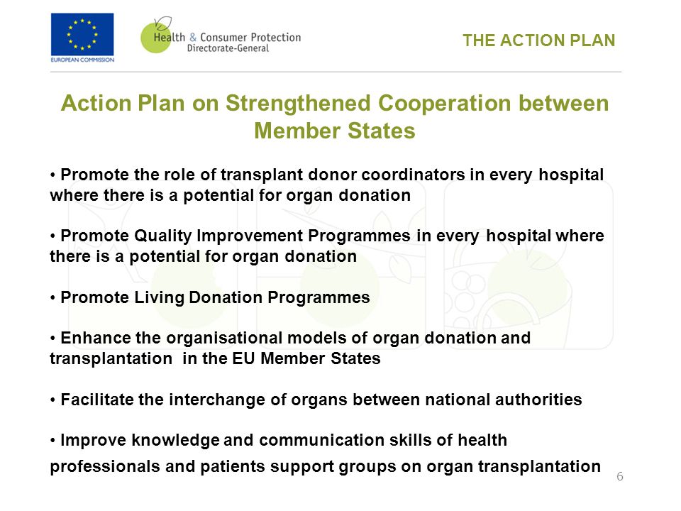 6 Action Plan on Strengthened Cooperation between Member States Promote the role of transplant donor coordinators in every hospital where there is a potential for organ donation Promote Quality Improvement Programmes in every hospital where there is a potential for organ donation Promote Living Donation Programmes Enhance the organisational models of organ donation and transplantation in the EU Member States Facilitate the interchange of organs between national authorities Improve knowledge and communication skills of health professionals and patients support groups on organ transplantation THE ACTION PLAN
