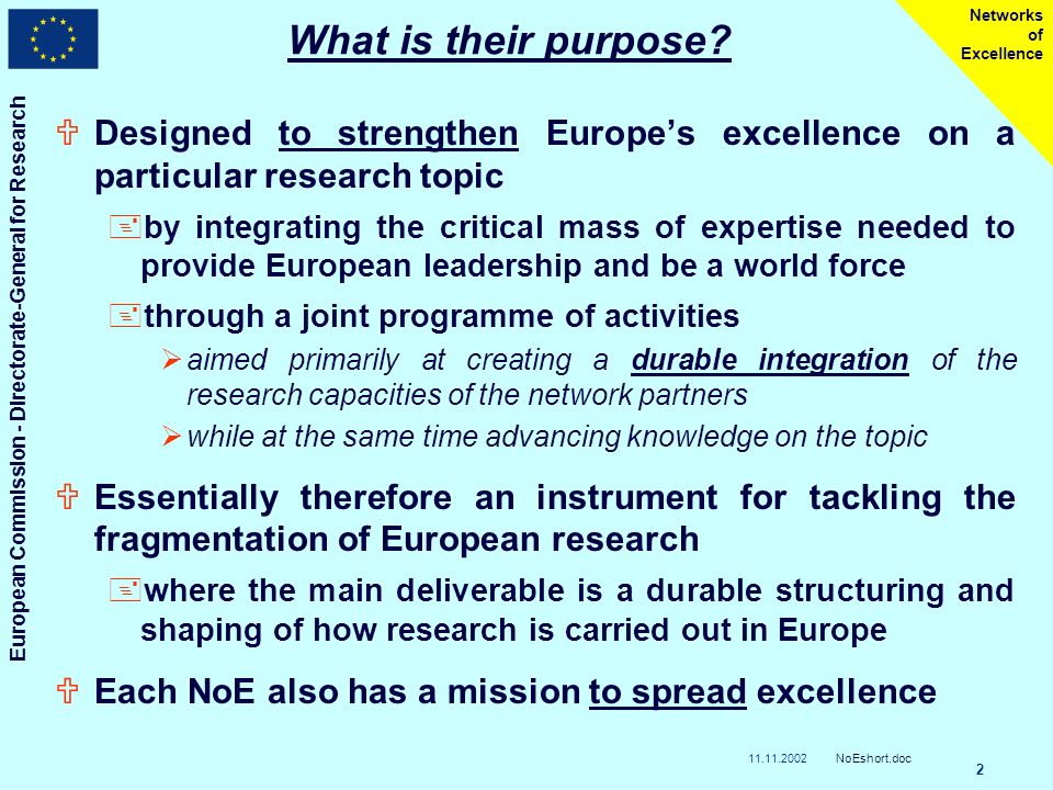 European Commission - Directorate-General for Research NoEshort.doc 2 Networks of Excellence What is their purpose.