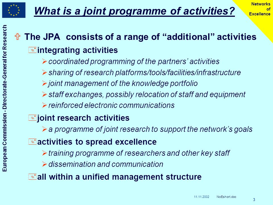 European Commission - Directorate-General for Research NoEshort.doc 3 Networks of Excellence What is a joint programme of activities.