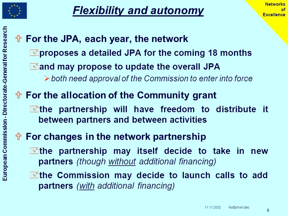 European Commission - Directorate-General for Research NoEshort.doc 8 Networks of Excellence Flexibility and autonomy UFor the JPA, each year, the network +proposes a detailed JPA for the coming 18 months +and may propose to update the overall JPA both need approval of the Commission to enter into force UFor the allocation of the Community grant +the partnership will have freedom to distribute it between partners and between activities UFor changes in the network partnership +the partnership may itself decide to take in new partners (though without additional financing) +the Commission may decide to launch calls to add partners (with additional financing)
