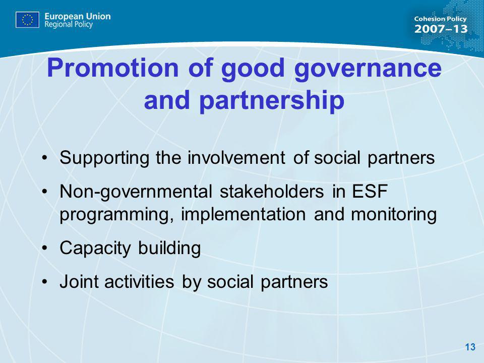 13 Promotion of good governance and partnership Supporting the involvement of social partners Non-governmental stakeholders in ESF programming, implementation and monitoring Capacity building Joint activities by social partners