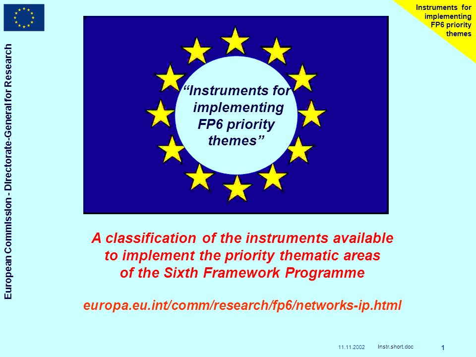 European Commission - Directorate-General for Research Instr.short.doc 1 Instruments for implementing FP6 priority themes Instruments for implementing FP6 priority themes A classification of the instruments available to implement the priority thematic areas of the Sixth Framework Programme europa.eu.int/comm/research/fp6/networks-ip.html