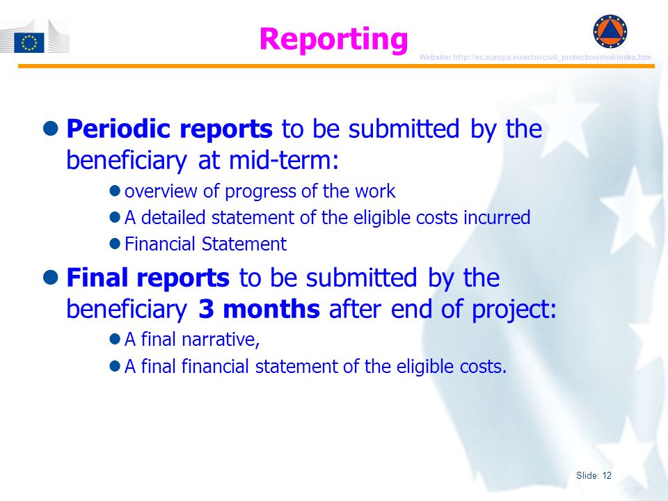 Slide: 12 Website:   Periodic reports to be submitted by the beneficiary at mid-term: overview of progress of the work A detailed statement of the eligible costs incurred Financial Statement Final reports to be submitted by the beneficiary 3 months after end of project: A final narrative, A final financial statement of the eligible costs.