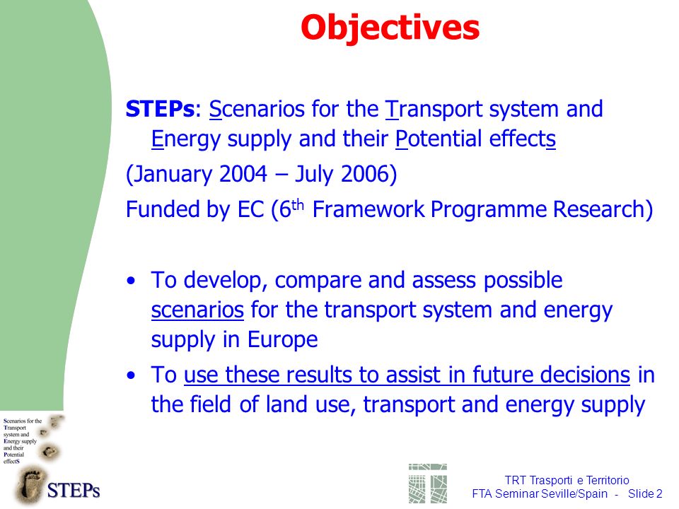TRT Trasporti e Territorio FTA Seminar Seville/Spain - Slide 2 Objectives STEPs: Scenarios for the Transport system and Energy supply and their Potential effects (January 2004 – July 2006) Funded by EC (6 th Framework Programme Research) To develop, compare and assess possible scenarios for the transport system and energy supply in Europe To use these results to assist in future decisions in the field of land use, transport and energy supply