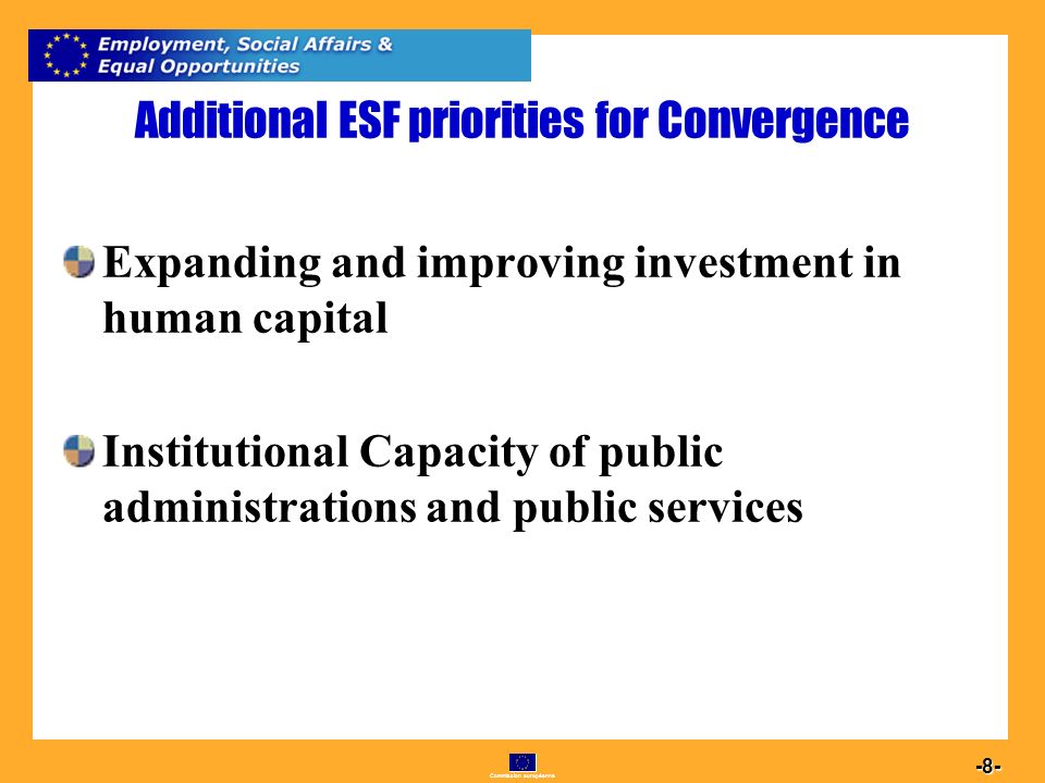 Commission européenne Additional ESF priorities for Convergence Expanding and improving investment in human capital Institutional Capacity of public administrations and public services