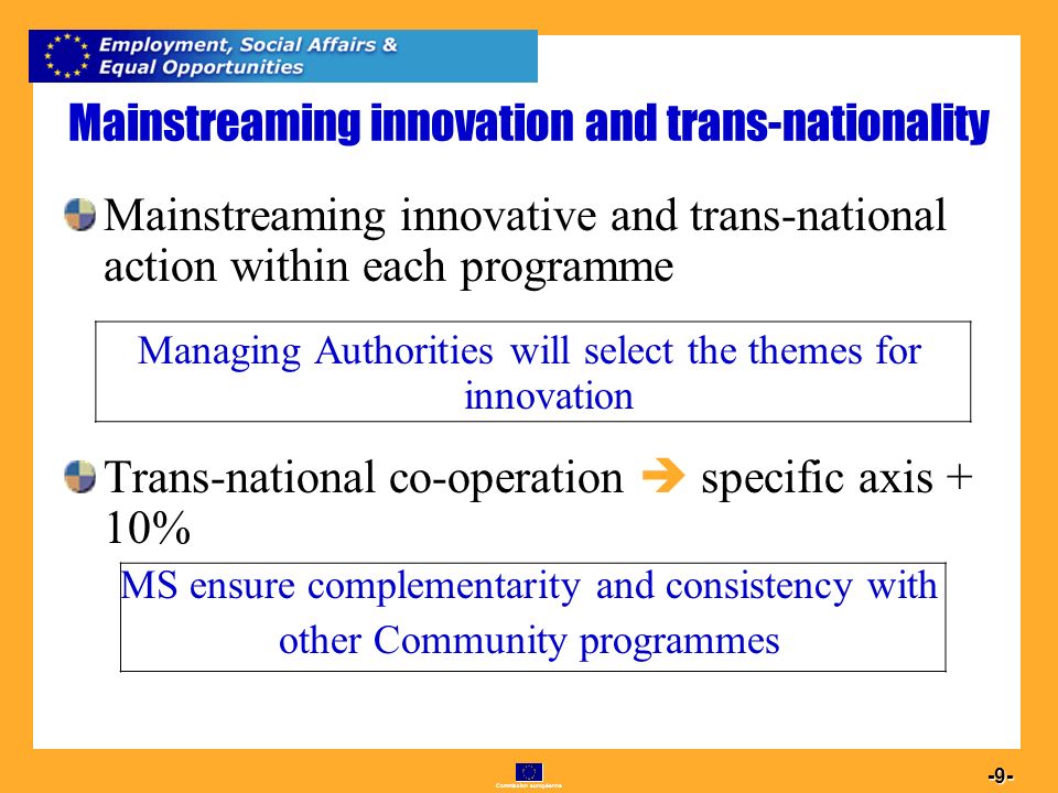 Commission européenne Mainstreaming innovation and trans-nationality Mainstreaming innovative and trans-national action within each programme Managing Authorities will select the themes for innovation Trans-national co-operation specific axis + 10% MS ensure complementarity and consistency with other Community programmes