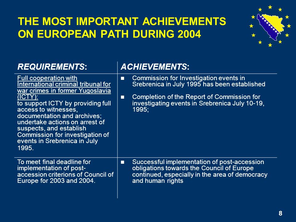 8 THE MOST IMPORTANT ACHIEVEMENTS ON EUROPEAN PATH DURING 2004 REQUIREMENTS:ACHIEVEMENTS: Full cooperation with International criminal tribunal for war crimes in former Yugoslavia (ICTY): to support ICTY by providing full access to witnesses, documentation and archives; undertake actions on arrest of suspects, and establish Commission for investigation of events in Srebrenica in July 1995.