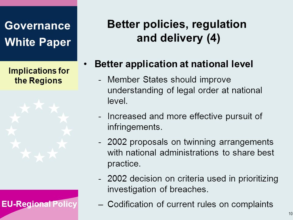 Implications for the Regions EU-Regional Policy 10 Governance White Paper Better policies, regulation and delivery (4) Better application at national level -Member States should improve understanding of legal order at national level.