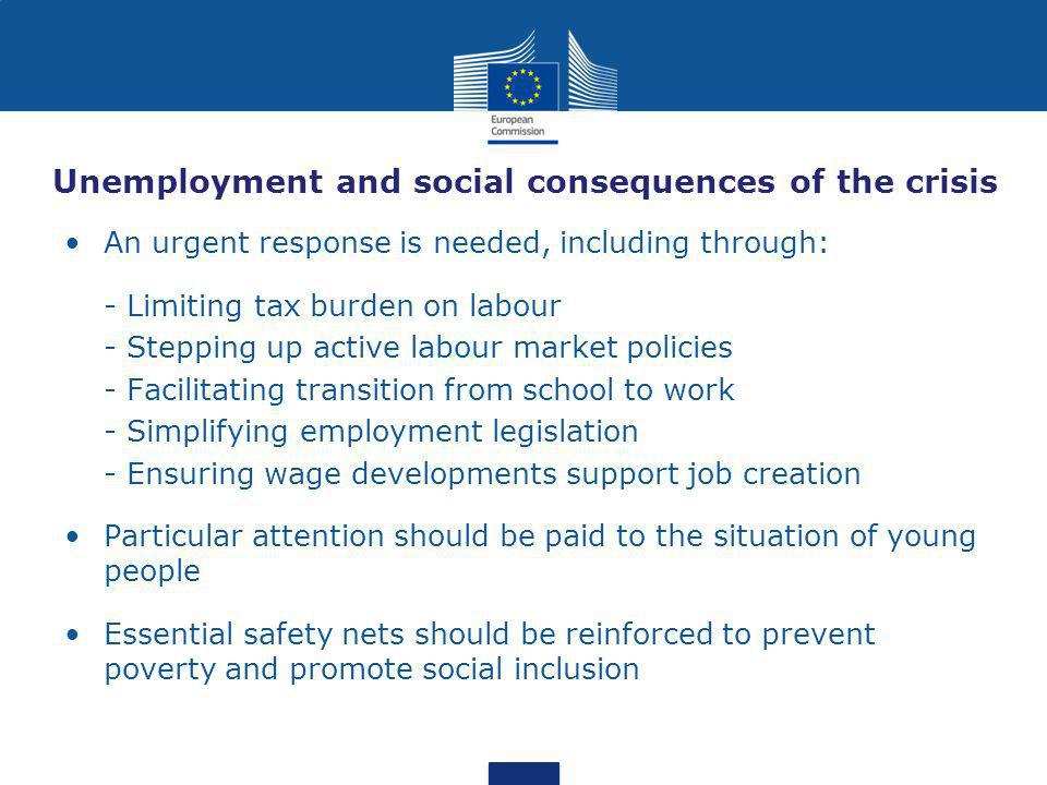 Unemployment and social consequences of the crisis An urgent response is needed, including through: - Limiting tax burden on labour - Stepping up active labour market policies - Facilitating transition from school to work - Simplifying employment legislation - Ensuring wage developments support job creation Particular attention should be paid to the situation of young people Essential safety nets should be reinforced to prevent poverty and promote social inclusion