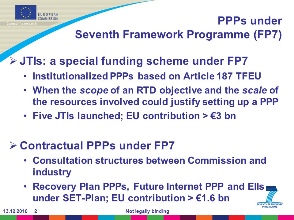 Not legally binding PPPs under Seventh Framework Programme (FP7) JTIs: a special funding scheme under FP7 Institutionalized PPPs based on Article 187 TFEU When the scope of an RTD objective and the scale of the resources involved could justify setting up a PPP Five JTIs launched; EU contribution > 3 bn Contractual PPPs under FP7 Consultation structures between Commission and industry Recovery Plan PPPs, Future Internet PPP and EIIs under SET-Plan; EU contribution > 1.6 bn