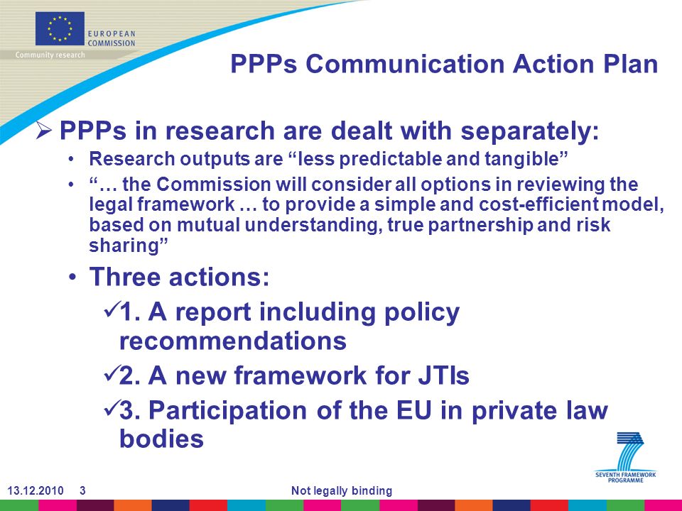 Not legally binding PPPs Communication Action Plan PPPs in research are dealt with separately: Research outputs are less predictable and tangible … the Commission will consider all options in reviewing the legal framework … to provide a simple and cost-efficient model, based on mutual understanding, true partnership and risk sharing Three actions: 1.