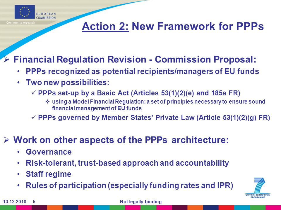 Not legally binding Action 2: New Framework for PPPs Financial Regulation Revision - Commission Proposal: PPPs recognized as potential recipients/managers of EU funds Two new possibilities: PPPs set-up by a Basic Act (Articles 53(1)(2)(e) and 185a FR) using a Model Financial Regulation: a set of principles necessary to ensure sound financial management of EU funds PPPs governed by Member States Private Law (Article 53(1)(2)(g) FR) Work on other aspects of the PPPs architecture: Governance Risk-tolerant, trust-based approach and accountability Staff regime Rules of participation (especially funding rates and IPR)