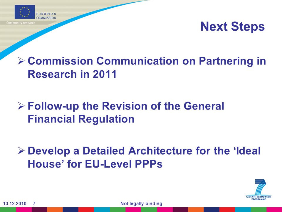 Not legally binding Next Steps Commission Communication on Partnering in Research in 2011 Follow-up the Revision of the General Financial Regulation Develop a Detailed Architecture for the Ideal House for EU-Level PPPs