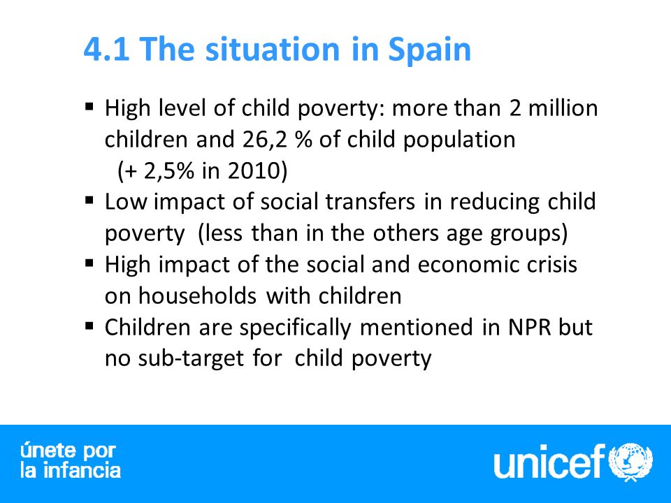 4.1 The situation in Spain High level of child poverty: more than 2 million children and 26,2 % of child population (+ 2,5% in 2010) Low impact of social transfers in reducing child poverty (less than in the others age groups) High impact of the social and economic crisis on households with children Children are specifically mentioned in NPR but no sub-target for child poverty