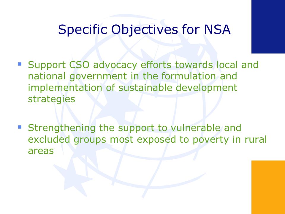 Specific Objectives for NSA Support CSO advocacy efforts towards local and national government in the formulation and implementation of sustainable development strategies Strengthening the support to vulnerable and excluded groups most exposed to poverty in rural areas