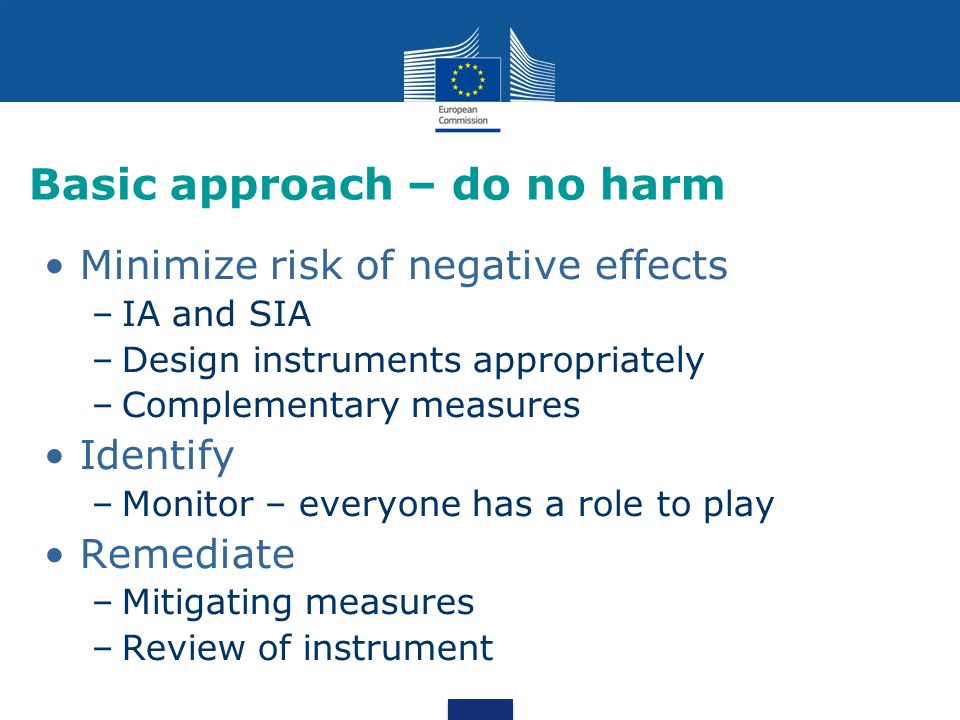Basic approach – do no harm Minimize risk of negative effects –IA and SIA –Design instruments appropriately –Complementary measures Identify –Monitor – everyone has a role to play Remediate –Mitigating measures –Review of instrument