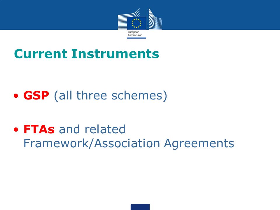 Current Instruments GSP (all three schemes) FTAs and related Framework/Association Agreements