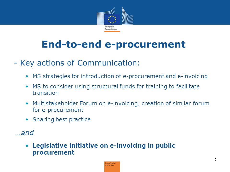 End-to-end e-procurement - Key actions of Communication: MS strategies for introduction of e-procurement and e-invoicing MS to consider using structural funds for training to facilitate transition Multistakeholder Forum on e-invoicing; creation of similar forum for e-procurement Sharing best practice …and Legislative initiative on e-invoicing in public procurement 5