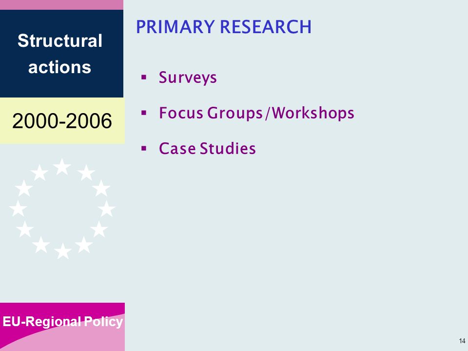 EU-Regional Policy Structural actions 14 PRIMARY RESEARCH Surveys Focus Groups/Workshops Case Studies