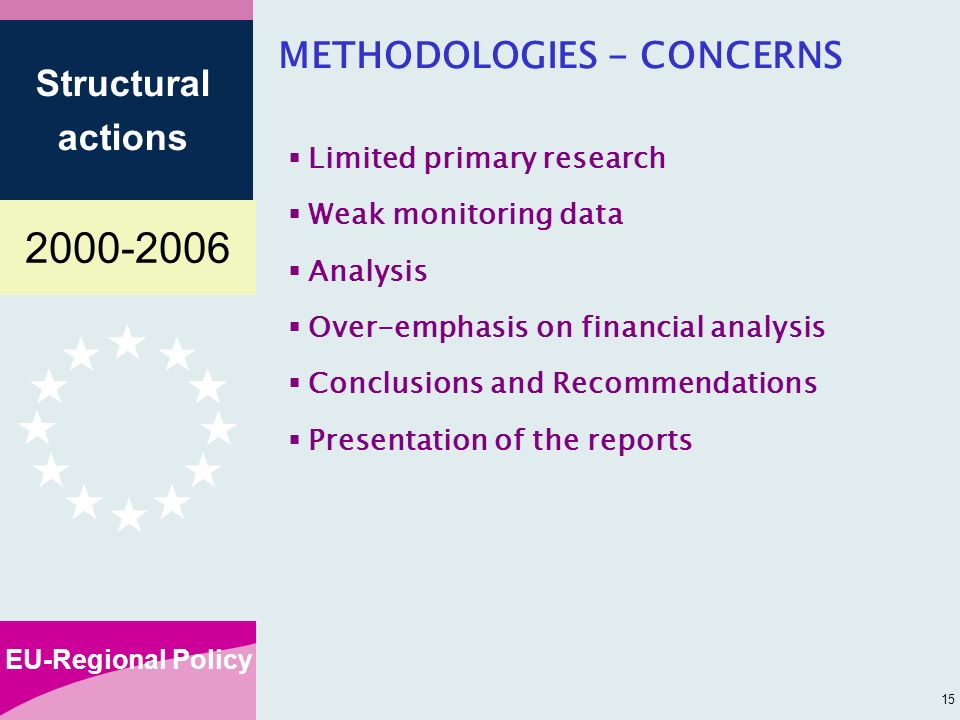 EU-Regional Policy Structural actions 15 METHODOLOGIES - CONCERNS Limited primary research Weak monitoring data Analysis Over-emphasis on financial analysis Conclusions and Recommendations Presentation of the reports