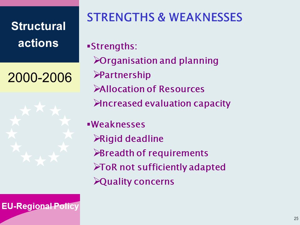 EU-Regional Policy Structural actions 25 STRENGTHS & WEAKNESSES Strengths: Organisation and planning Partnership Allocation of Resources Increased evaluation capacity Weaknesses Rigid deadline Breadth of requirements ToR not sufficiently adapted Quality concerns