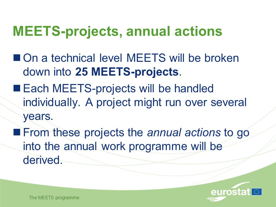 The MEETS programme MEETS-projects, annual actions On a technical level MEETS will be broken down into 25 MEETS-projects.