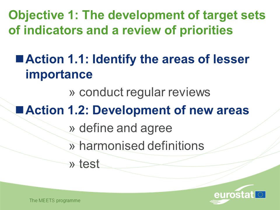 The MEETS programme Objective 1: The development of target sets of indicators and a review of priorities Action 1.1: Identify the areas of lesser importance » conduct regular reviews Action 1.2: Development of new areas » define and agree » harmonised definitions » test