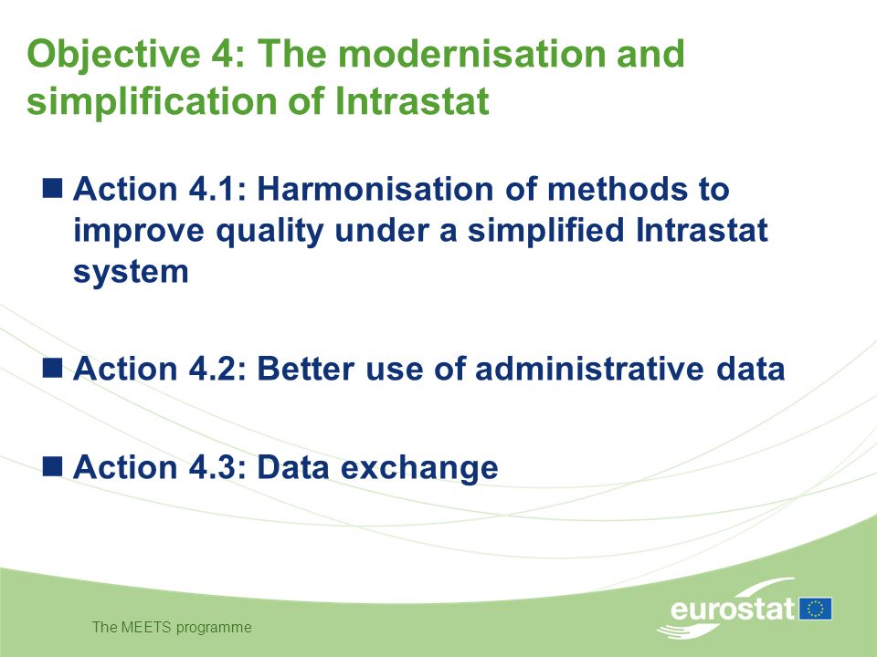 The MEETS programme Objective 4: The modernisation and simplification of Intrastat Action 4.1: Harmonisation of methods to improve quality under a simplified Intrastat system Action 4.2: Better use of administrative data Action 4.3: Data exchange