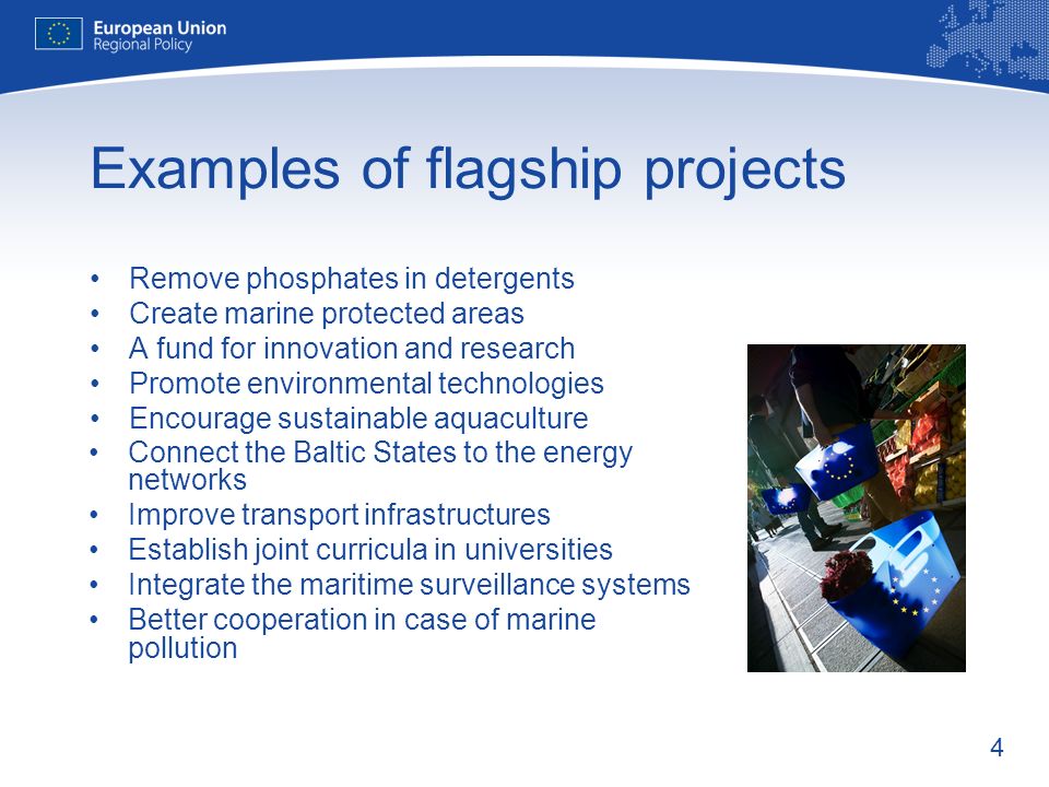 4 Examples of flagship projects Remove phosphates in detergents Create marine protected areas A fund for innovation and research Promote environmental technologies Encourage sustainable aquaculture Connect the Baltic States to the energy networks Improve transport infrastructures Establish joint curricula in universities Integrate the maritime surveillance systems Better cooperation in case of marine pollution