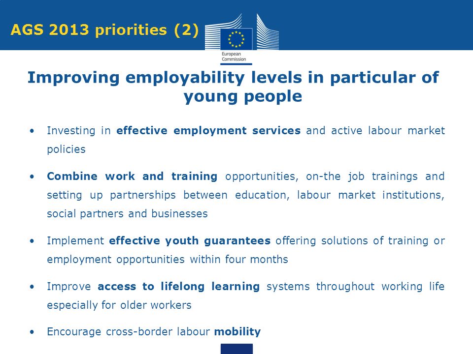 Investing in effective employment services and active labour market policies Combine work and training opportunities, on-the job trainings and setting up partnerships between education, labour market institutions, social partners and businesses Implement effective youth guarantees offering solutions of training or employment opportunities within four months Improve access to lifelong learning systems throughout working life especially for older workers Encourage cross-border labour mobility AGS 2013 priorities (2) Improving employability levels in particular of young people