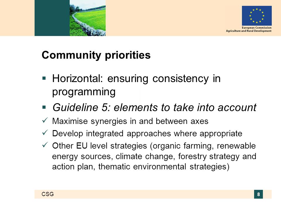 CSG 8 Community priorities Horizontal: ensuring consistency in programming Guideline 5: elements to take into account Maximise synergies in and between axes Develop integrated approaches where appropriate Other EU level strategies (organic farming, renewable energy sources, climate change, forestry strategy and action plan, thematic environmental strategies)
