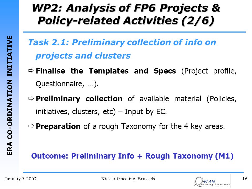 ERA CO-ORDINATION INITIATIVE January 9, 2007Kick-off meeting, Brussels16 WP2: Analysis of FP6 Projects & Policy-related Activities (2/6) Task 2.1: Preliminary collection of info on projects and clusters Finalise the Templates and Specs (Project profile, Questionnaire, …).