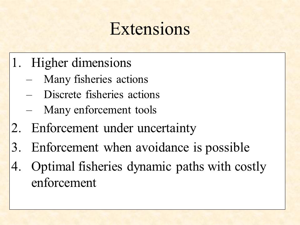 Extensions 1.Higher dimensions –Many fisheries actions –Discrete fisheries actions –Many enforcement tools 2.Enforcement under uncertainty 3.Enforcement when avoidance is possible 4.Optimal fisheries dynamic paths with costly enforcement
