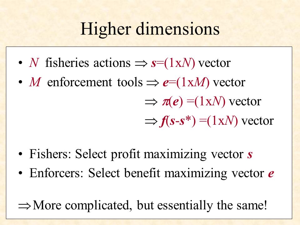 Higher dimensions N fisheries actions s=(1xN) vector M enforcement tools e=(1xM) vector (e) =(1xN) vector f(s-s*) =(1xN) vector Fishers: Select profit maximizing vector s Enforcers: Select benefit maximizing vector e More complicated, but essentially the same!