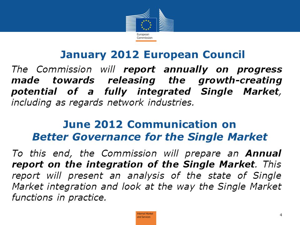 June 2012 Communication on Better Governance for the Single Market 4 To this end, the Commission will prepare an Annual report on the integration of the Single Market.