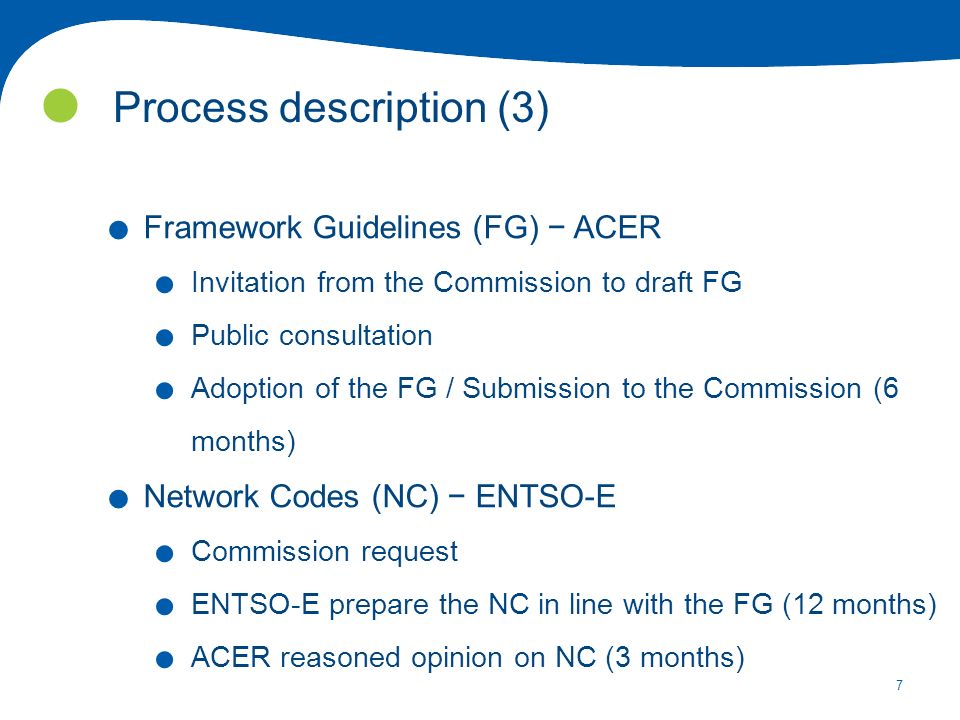 7 Process description (3). Framework Guidelines (FG) ACER.