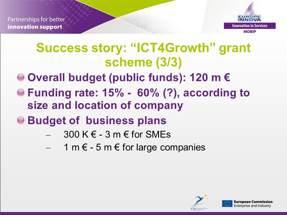Success story: ICT4Growth grant scheme (3/3) Overall budget (public funds): 120 m Funding rate: 15% - 60% ( ), according to size and location of company Budget of business plans – 300 K - 3 m for SMEs – 1 m - 5 m for large companies