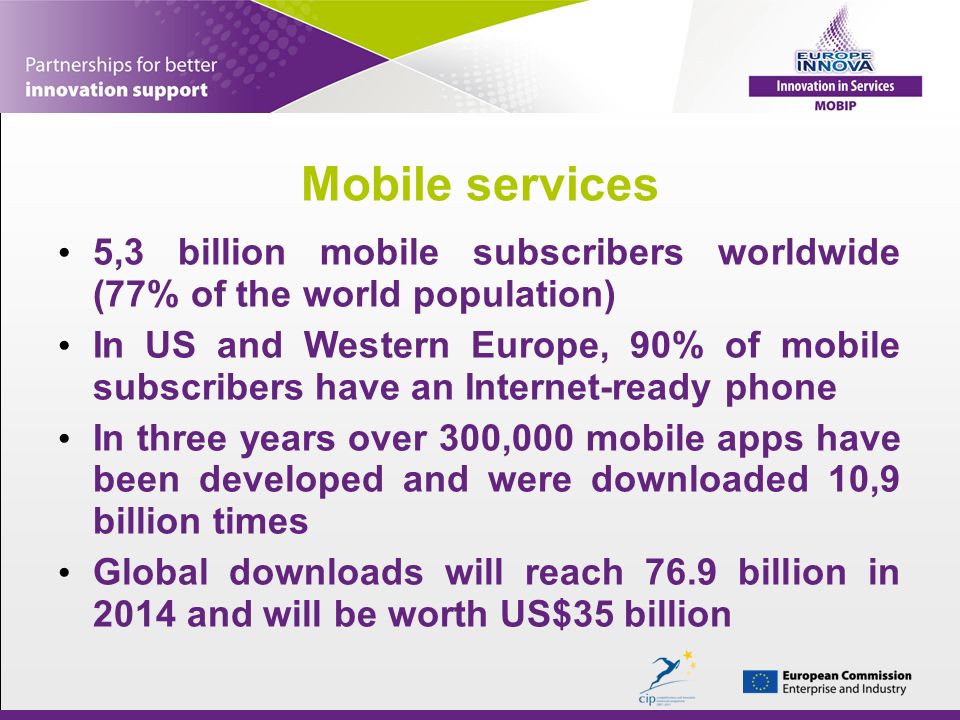 Mobile services 5,3 billion mobile subscribers worldwide (77% of the world population) In US and Western Europe, 90% of mobile subscribers have an Internet-ready phone In three years over 300,000 mobile apps have been developed and were downloaded 10,9 billion times Global downloads will reach 76.9 billion in 2014 and will be worth US$35 billion