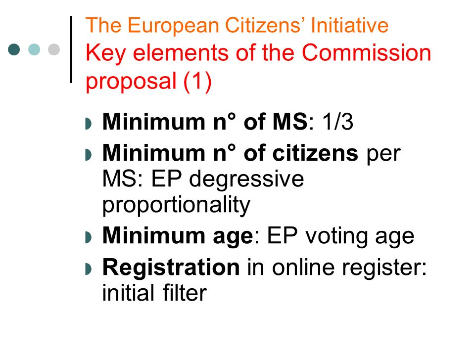 The European Citizens Initiative Key elements of the Commission proposal (1) Minimum n° of MS: 1/3 Minimum n° of citizens per MS: EP degressive proportionality Minimum age: EP voting age Registration in online register: initial filter