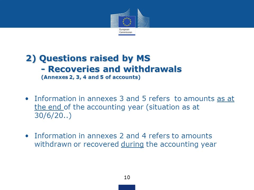 2) Questions raised by MS - Recoveries and withdrawals (Annexes 2, 3, 4 and 5 of accounts) 10 Information in annexes 3 and 5 refers to amounts as at the end of the accounting year (situation as at 30/6/20..) Information in annexes 2 and 4 refers to amounts withdrawn or recovered during the accounting year