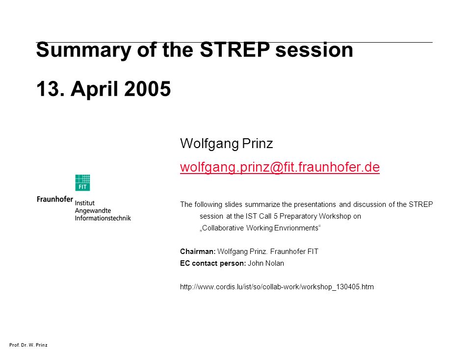 Prof. Dr. W. Prinz Summary of the STREP session 13.