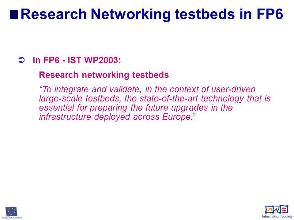 In FP6 - IST WP2003: Research networking testbeds To integrate and validate, in the context of user-driven large-scale testbeds, the state-of-the-art technology that is essential for preparing the future upgrades in the infrastructure deployed across Europe.