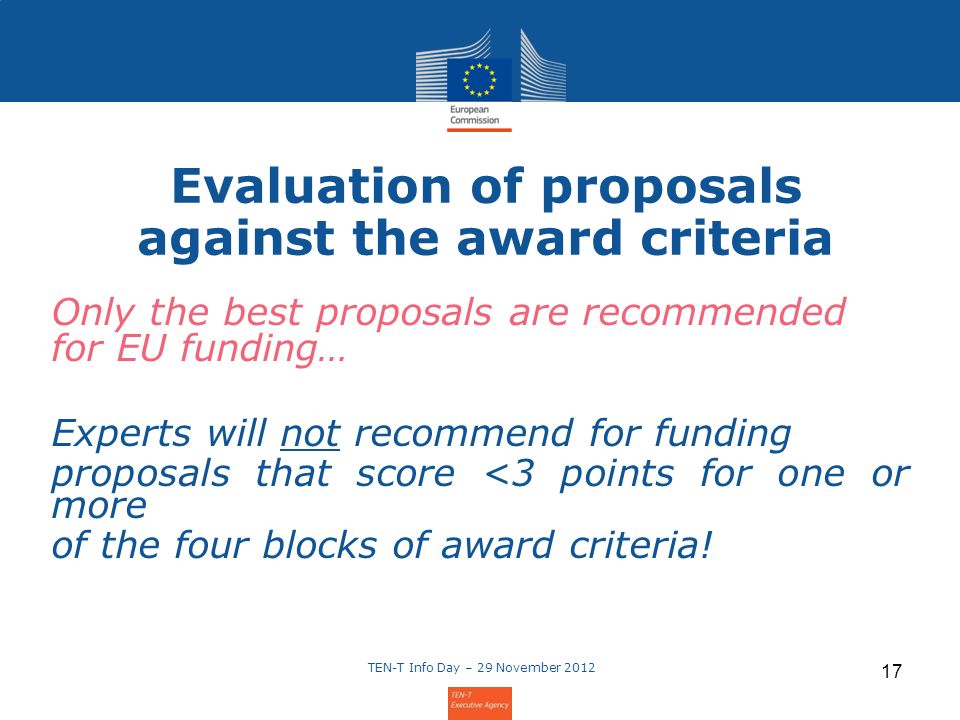 Evaluation of proposals against the award criteria Only the best proposals are recommended for EU funding… Experts will not recommend for funding proposals that score <3 points for one or more of the four blocks of award criteria.