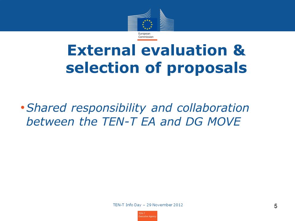 External evaluation & selection of proposals Shared responsibility and collaboration between the TEN-T EA and DG MOVE TEN-T Info Day – 29 November