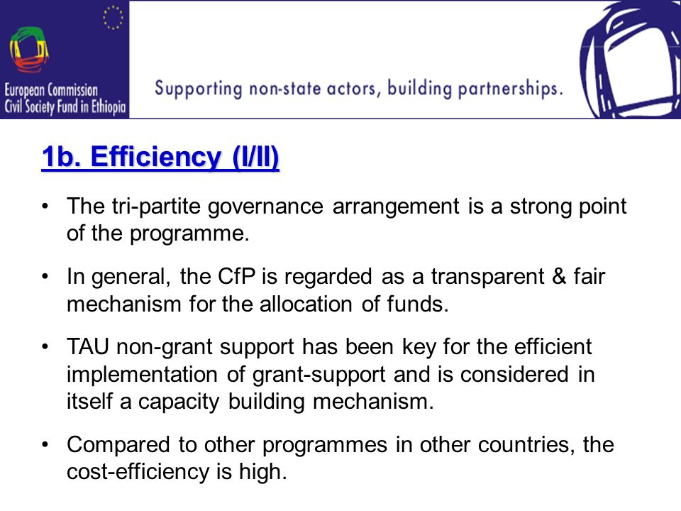 1b. Efficiency (I/II) The tri-partite governance arrangement is a strong point of the programme.