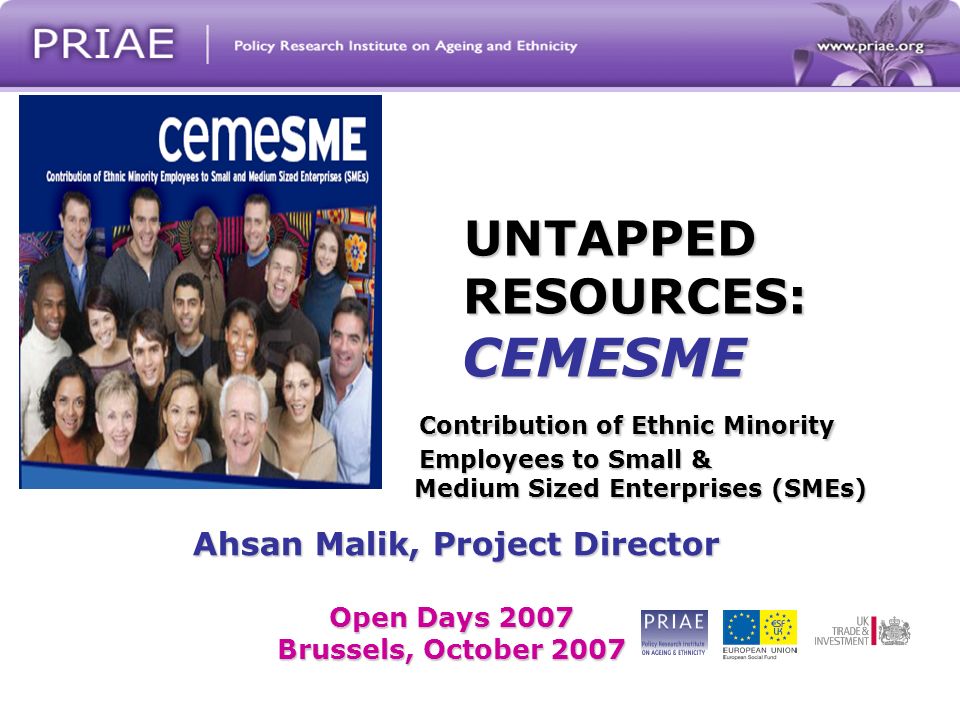 UNTAPPED RESOURCES: CEMESME Contribution of Ethnic Minority Employees to Small & Medium Sized Enterprises (SMEs) Ahsan Malik, Project Director Ahsan Malik, Project Director Open Days 2007 Brussels, October 2007