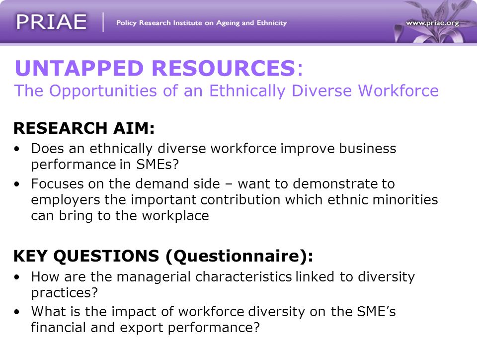 UNTAPPED RESOURCES: The Opportunities of an Ethnically Diverse Workforce RESEARCH AIM: Does an ethnically diverse workforce improve business performance in SMEs.